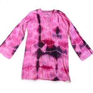 80s Vintage Indian Import V-Neck Tunic – Hand Dyed Pink, Red, Black size L